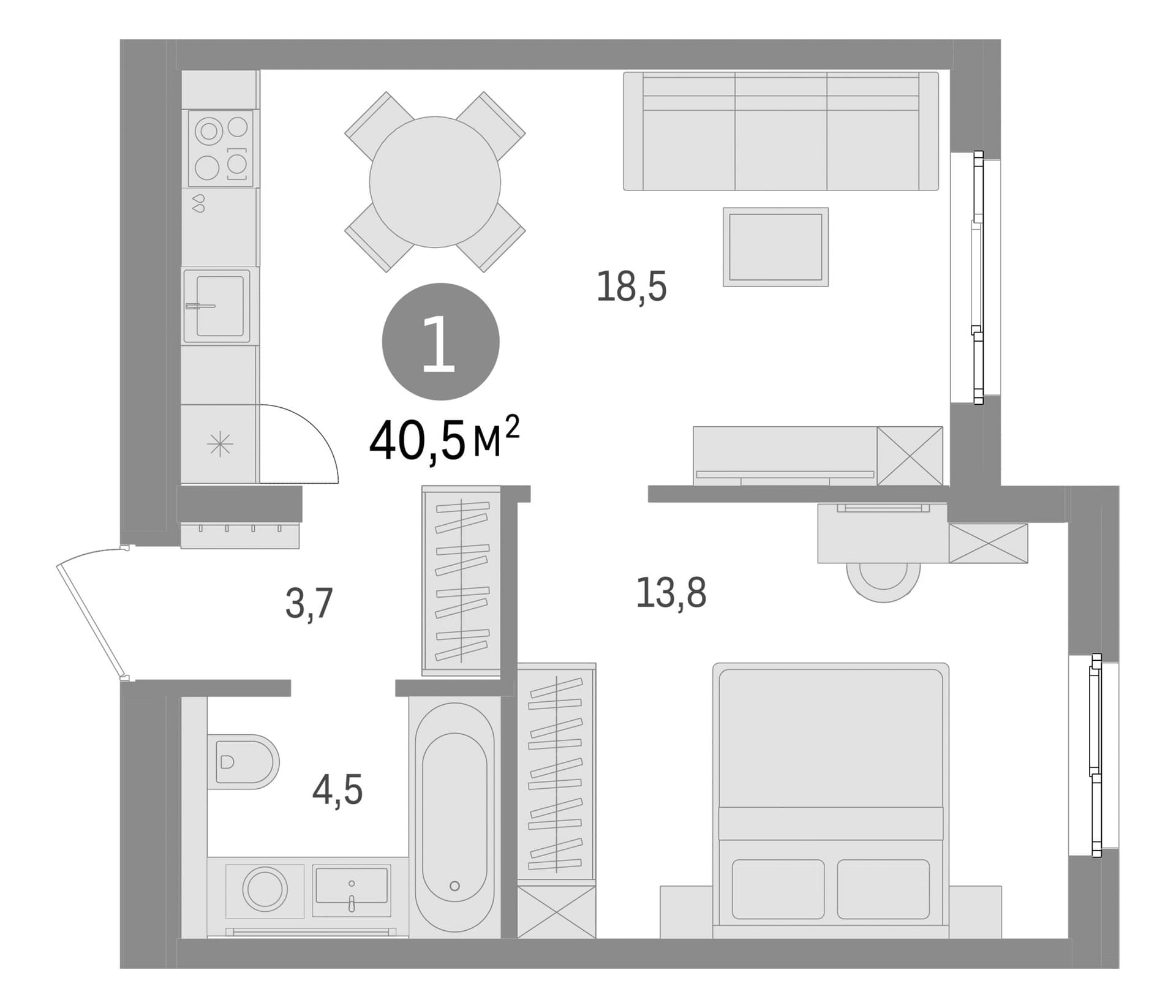 Планировка: Евродвушка 40,5 м² в ЖК «Брусника в Новоселье»