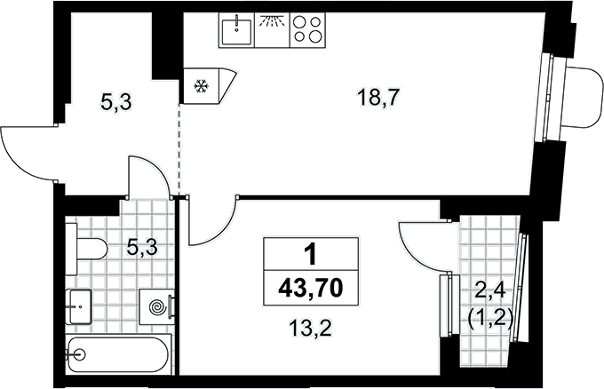 Планировка: Евродвушка 42,5 м² в ЖК «Прокшино»