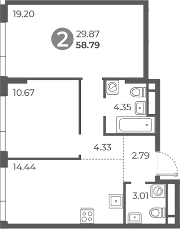 Планировка: 2-комнатная квартира 58,8 м² в ЖК «Нижегородская от Гранель»