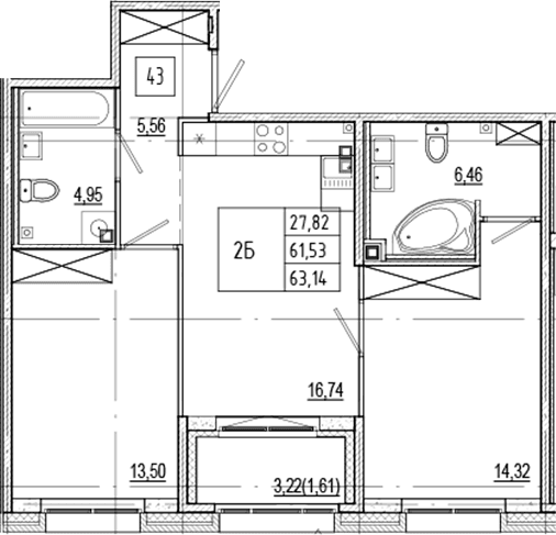 Планировка: Евротрёшка 61,5 м² в ЖК «Ranta Residence»
