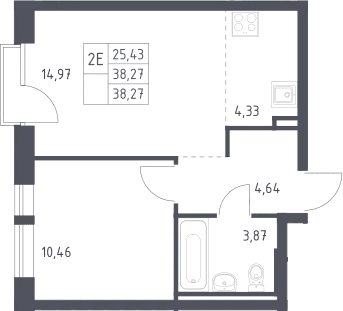 Планировка: Евродвушка 38,3 м² в ЖК «Квартал Авиаторов»