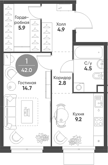 Планировка: 1-комнатная квартира 42 м² в ЖК «Шагал»