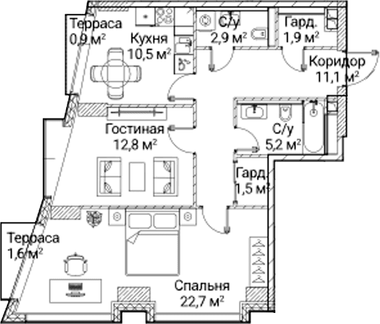 Планировка: 2-комнатная квартира 67 м² в ЖК «СЕЗАР БУДУЩЕЕ»