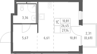 Планировка: Студия 26,5 м² в ЖК «Мытищи Парк»