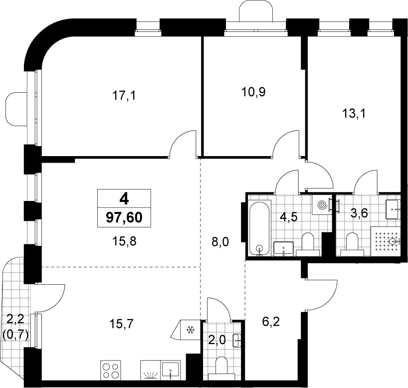 Планировка: Квартира евро-4 96,9 м² в ЖК «Прокшино»