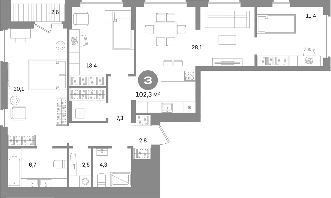 Планировка: 3-комнатная квартира 99,7 м² в ЖК «Первый квартал. Вторая очередь»