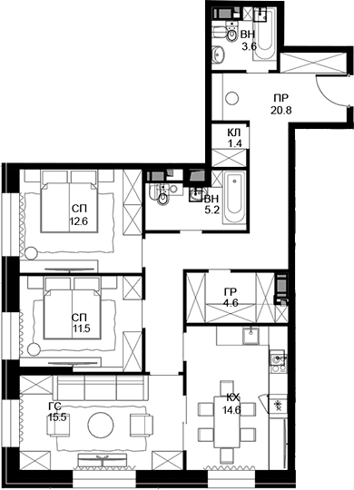 Планировка: 3-комнатная квартира 89,8 м² в ЖК «Театральный квартал»