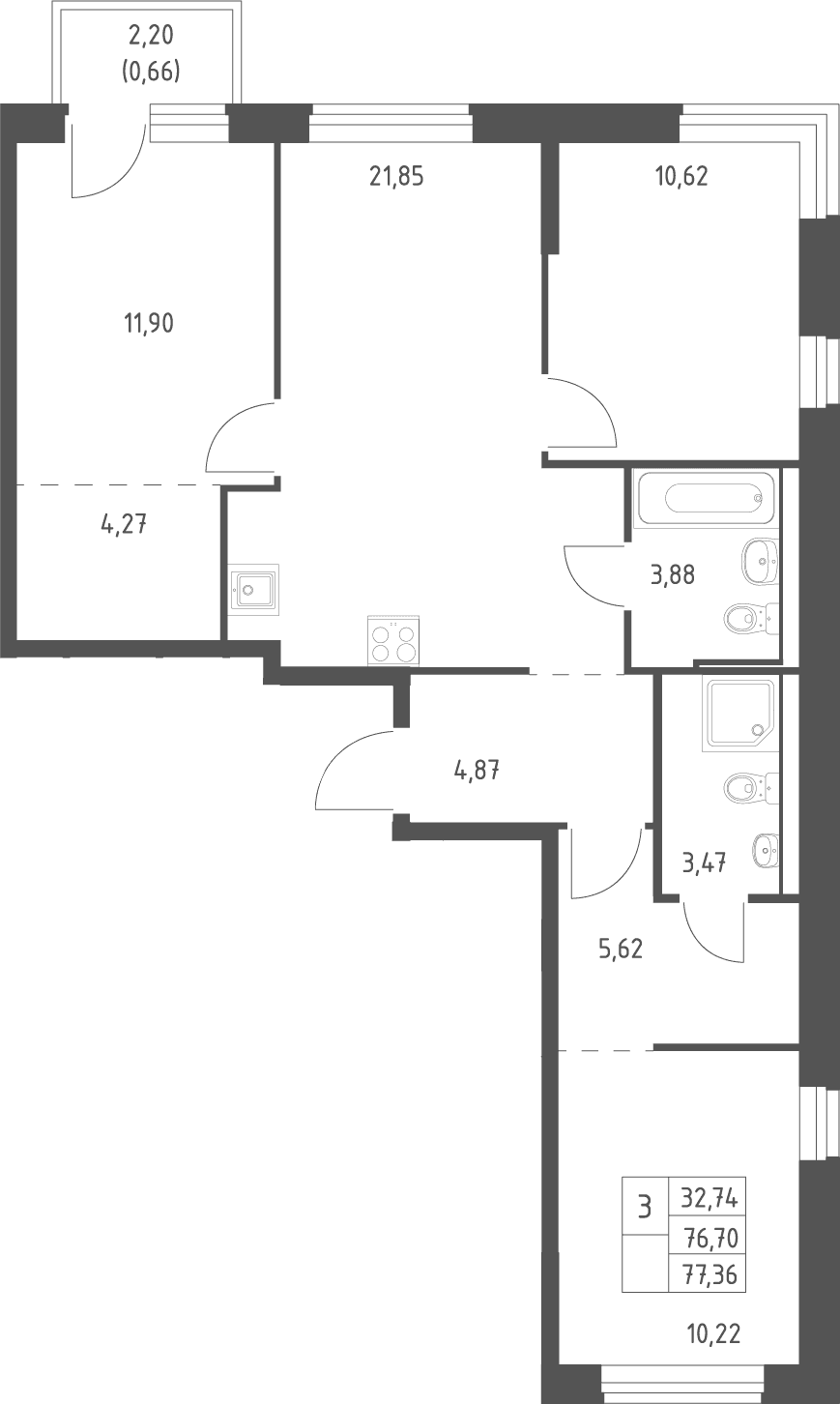 Планировка: Квартира евро-4 76,7 м² в ЖК «Квартал Ивакино»
