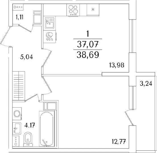 Планировка: 1-комнатная квартира 37,1 м² в ЖК «Кинопарк»