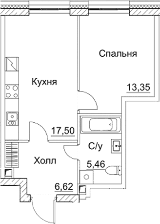 Планировка: Евродвушка 42,9 м² в ЖК «СЕЗАР СИТИ»