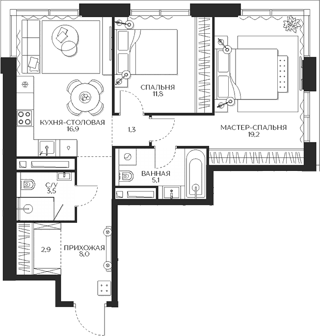 Планировка: 2-комнатная квартира 68,7 м² в ЖК «Кутузов Сити»