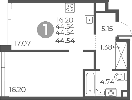 Планировка: 1-комнатная квартира 44,5 м² в ЖК «Мневники от Гранель»