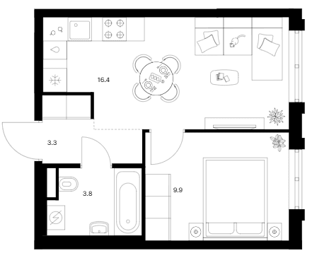 Планировка: 1-комнатная квартира 33,4 м² в ЖК «Москворечье»