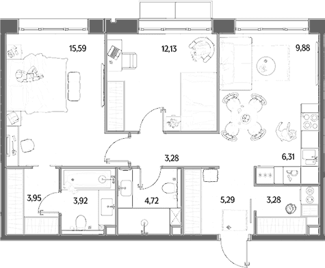 Планировка: Евротрёшка 68,4 м² в ЖК «МЫС»