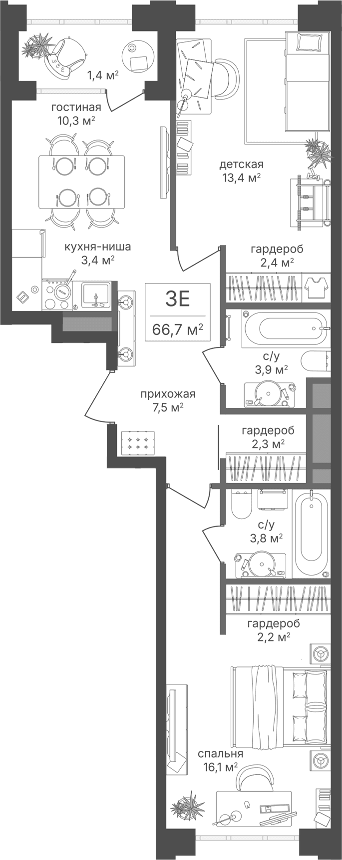Планировка: Евротрёшка 65,3 м² в ЖК «Михалковский»