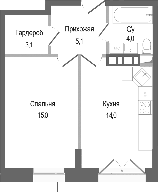 Планировка: 1-комнатная квартира 41,2 м² в ЖК «Киноквартал»