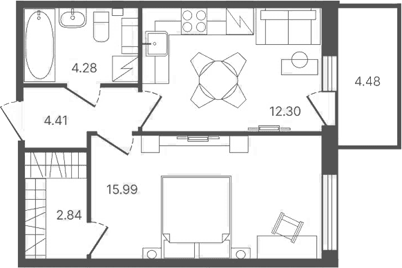 Планировка: 1-комнатная квартира 39,8 м² в ЖК «Рауни»