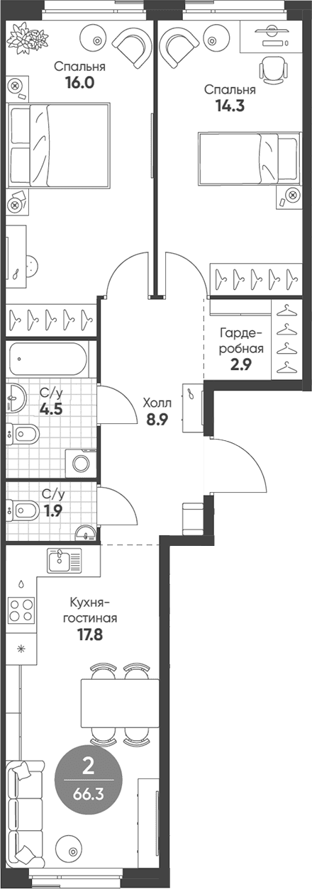 Планировка: Евротрёшка 66,3 м² в ЖК «Шагал»