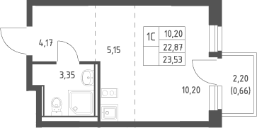 Планировка: Студия 22,9 м² в ЖК «Квартал Ивакино»