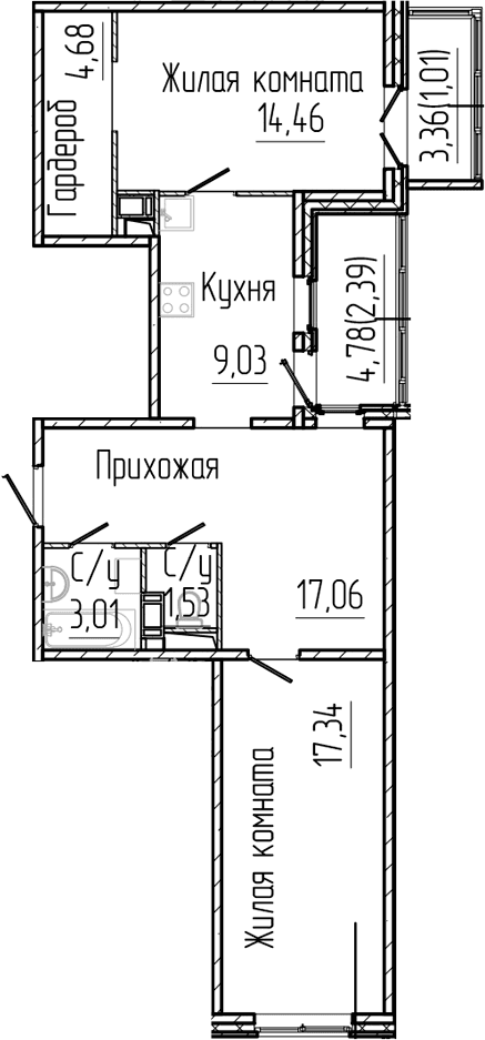 Планировка: 2-комнатная квартира 67,1 м² в ЖК «Сертолово Парк»
