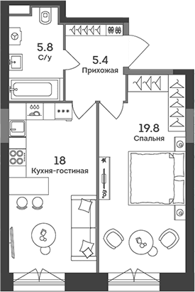 Планировка: Евродвушка 49 м² в ЖК «ЭРА»