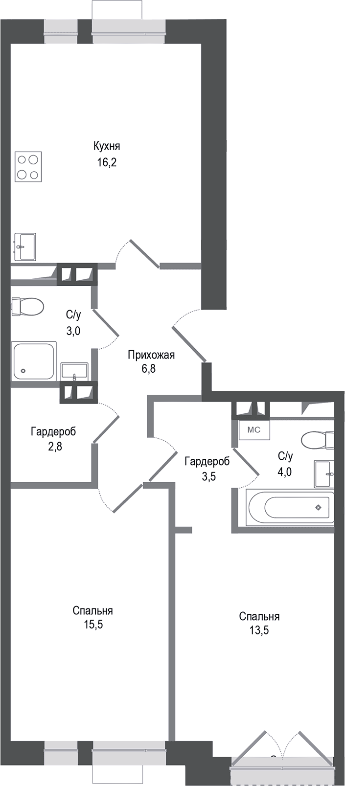 Планировка: 2-комнатная квартира 65,3 м² в ЖК «Киноквартал»