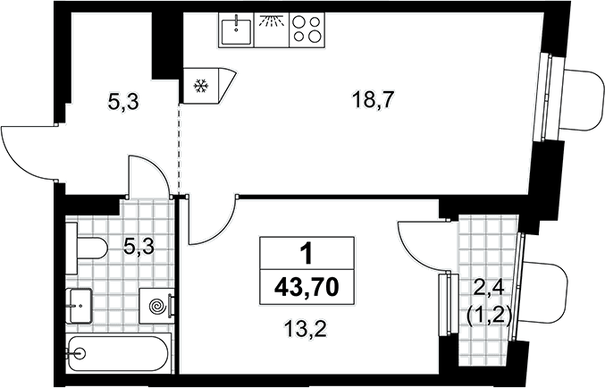 Планировка: Евродвушка 42,5 м² в ЖК «Прокшино»