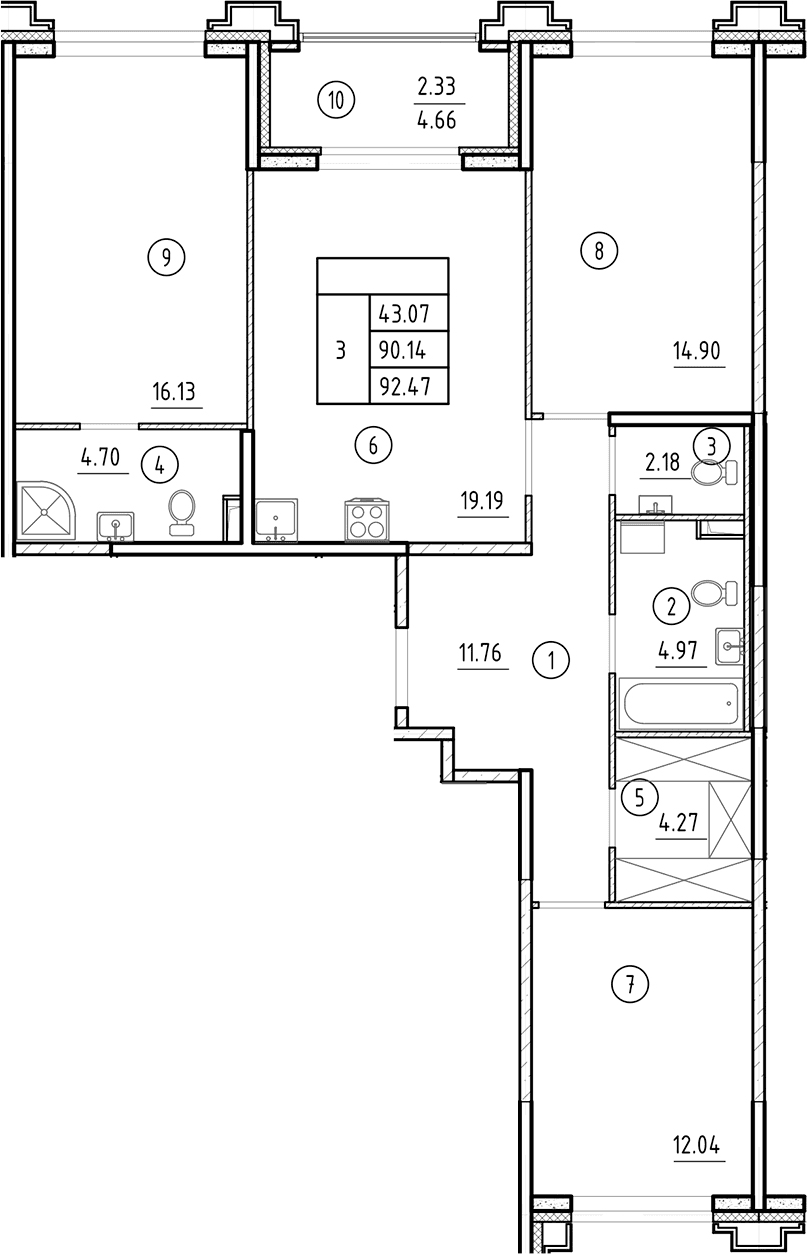 Планировка: Квартира евро-4 90,1 м² в ЖК «Ассамблея»