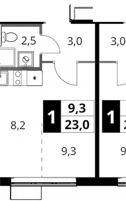 Планировка: Студия 23 м² в ЖК «1-й Шереметьевский»