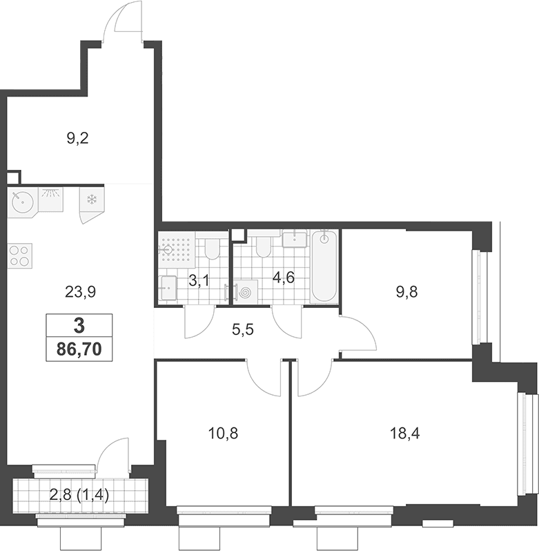 Планировка: Квартира евро-4 85,3 м² в ЖК «Южные сады»