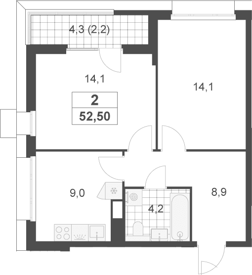 Планировка: 2-комнатная квартира 50,3 м² в ЖК «Скандинавия»