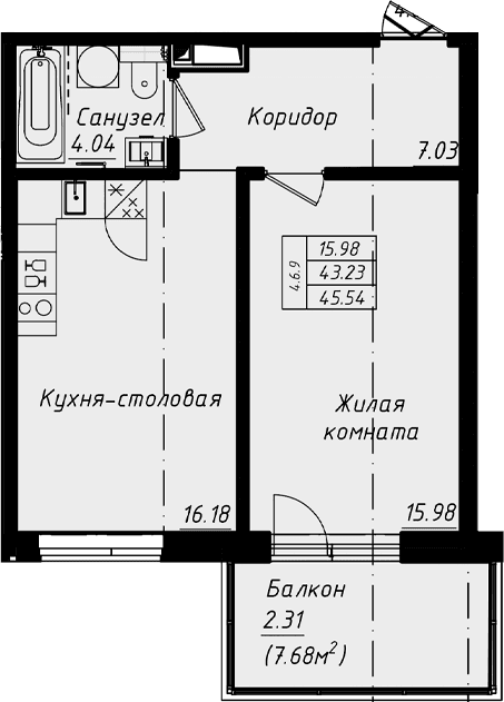 Планировка: Евродвушка 43,2 м² в ЖК «Grona Lund»