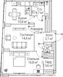 Планировка: 2-комнатная квартира 61,5 м² в ЖК «СЕЗАР БУДУЩЕЕ»