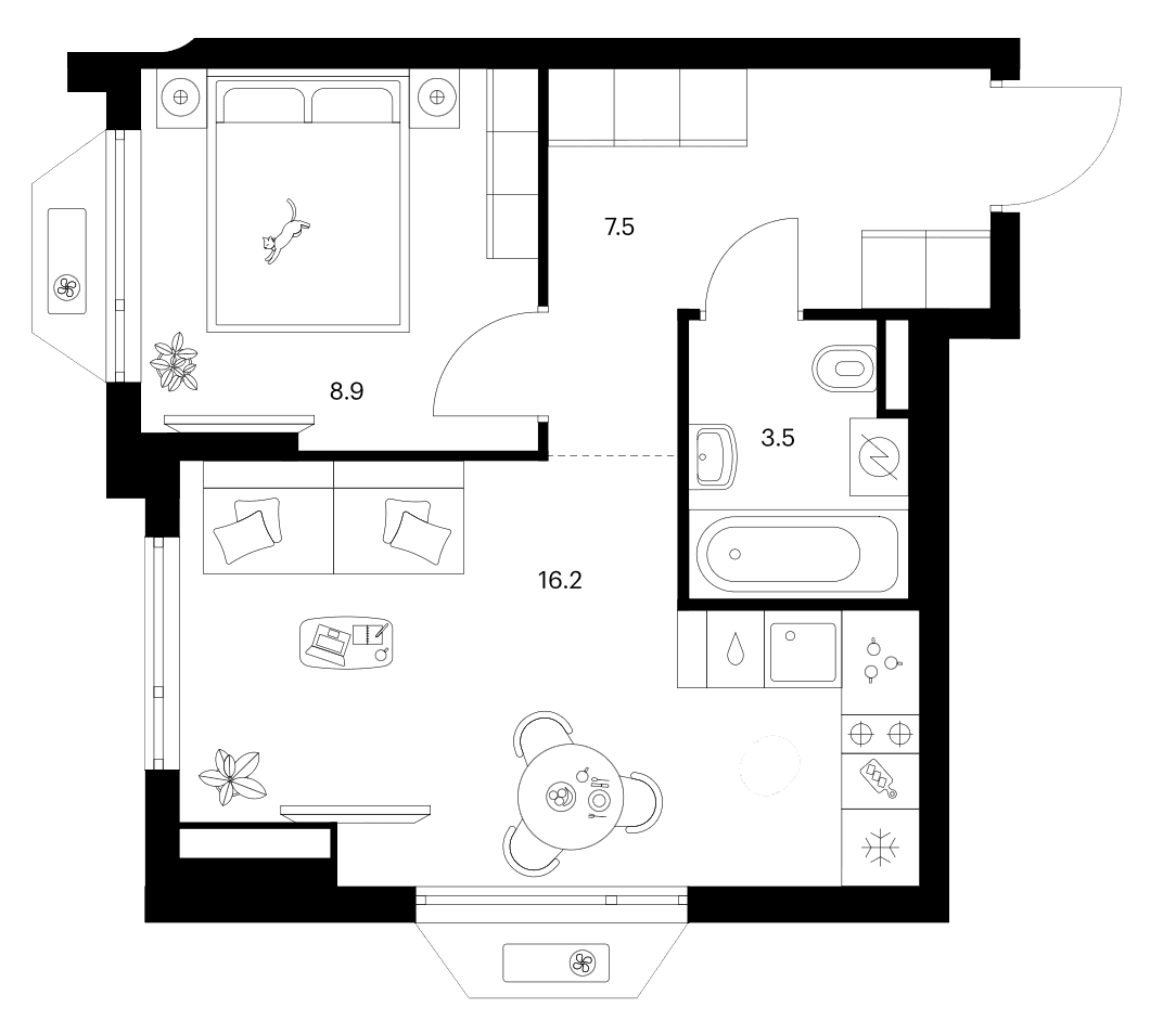 Планировка: 1-комнатная квартира 36,1 м² в ЖК «Зеленый парк»