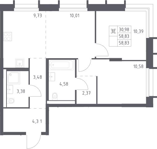 Планировка: Евротрёшка 58,8 м² в ЖК «Квартал Домашний»