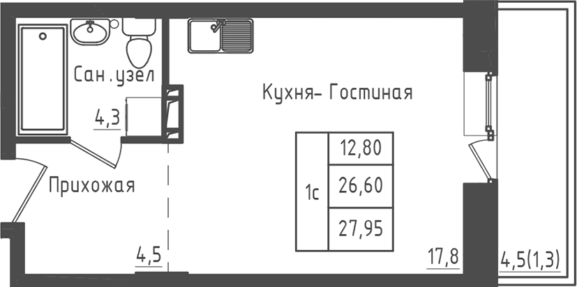 Планировка: Студия 26,6 м² в ЖК «Зеленый город»