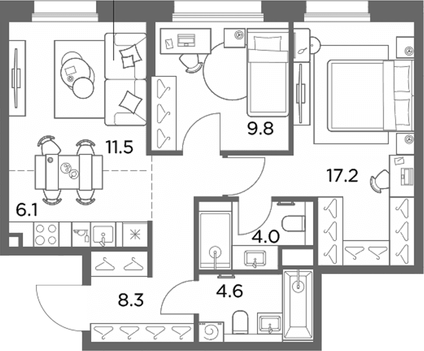 Планировка: Евротрёшка 61,5 м² в ЖК «Станиславский»