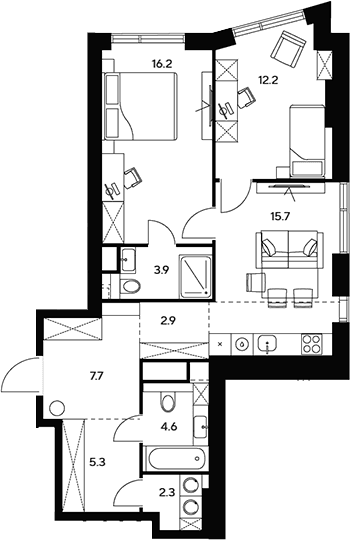 Планировка: Евротрёшка 70,8 м² в ЖК «НЕКСУС от Аквилон»