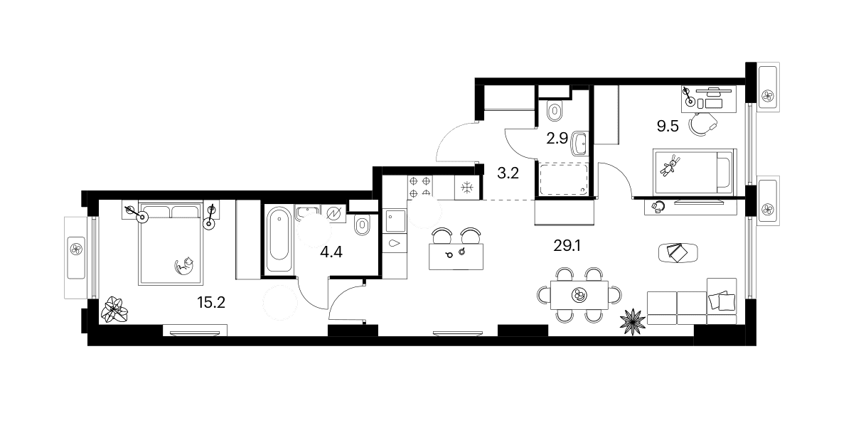 Планировка: 2-комнатная квартира 64,3 м² в ЖК «Белая Дача парк»