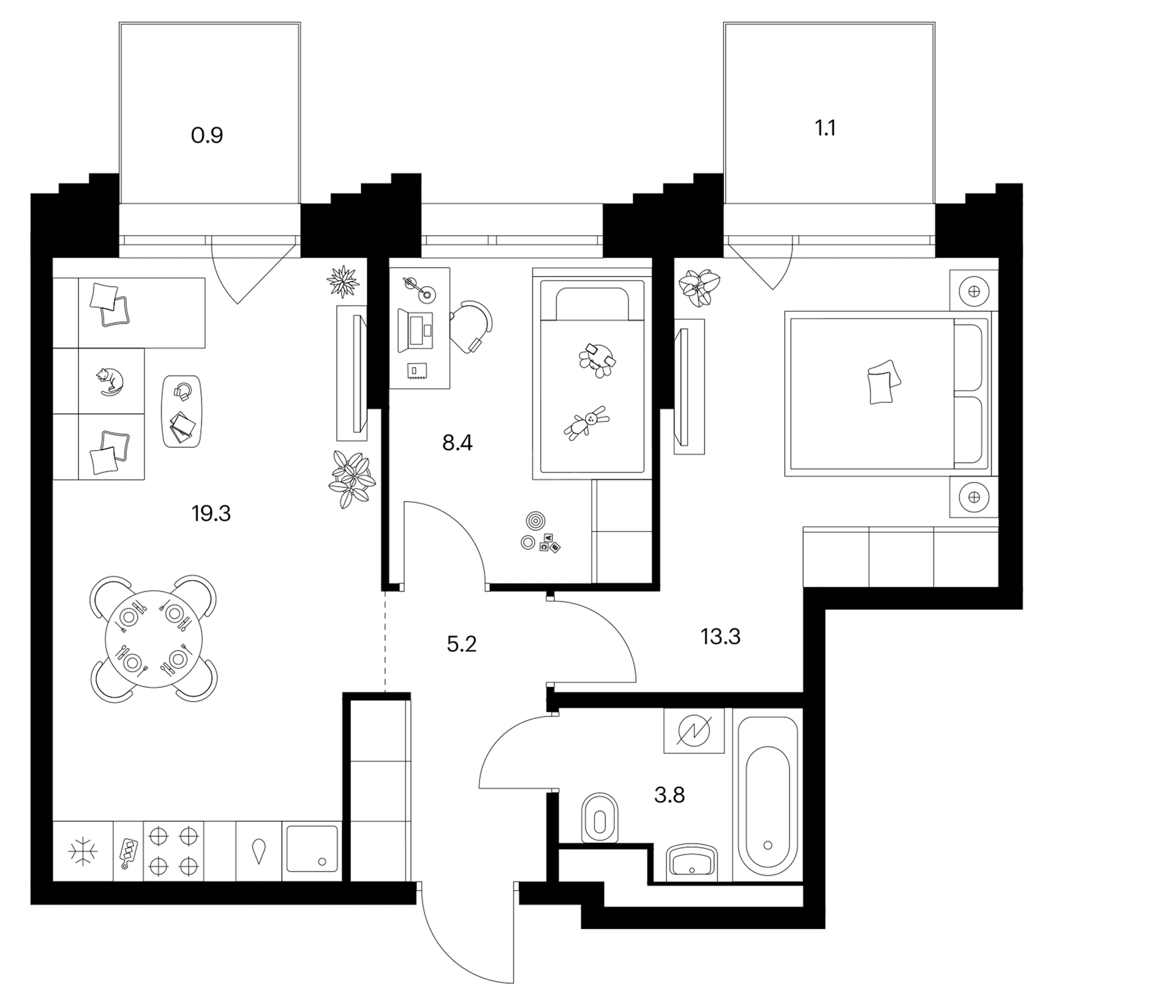 Планировка: 2-комнатная квартира 50 м² в ЖК «Зеленый парк»