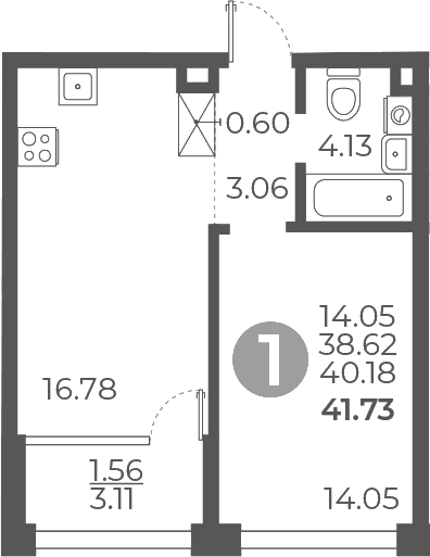 Планировка: 1-комнатная квартира 38,6 м² в ЖК «Мневники от Гранель»