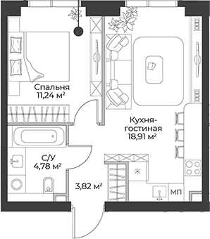 Планировка: Евродвушка 38,8 м² в ЖК «Гранд Фили»