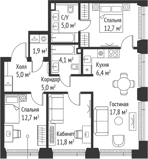 Планировка: Квартира евро-4 82,3 м² в ЖК «СЕТ»