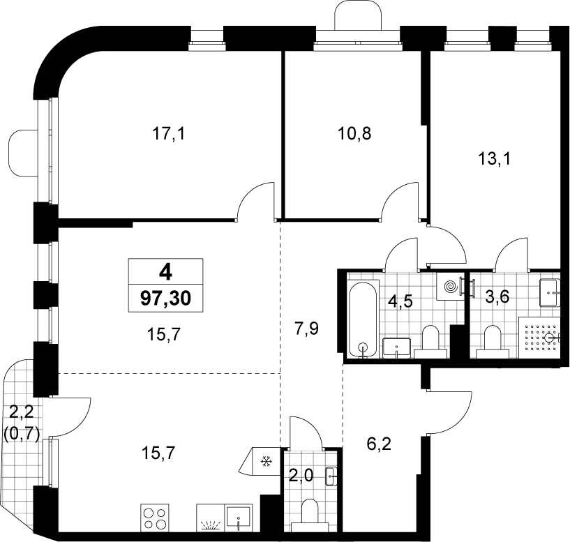 Планировка: Квартира евро-4 96,6 м² в ЖК «Прокшино»