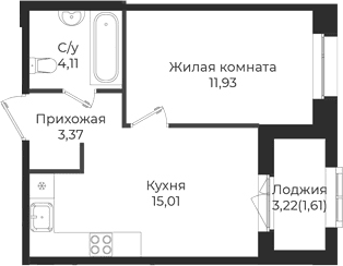 Планировка: Евродвушка 34,4 м² в ЖК «Новатория»