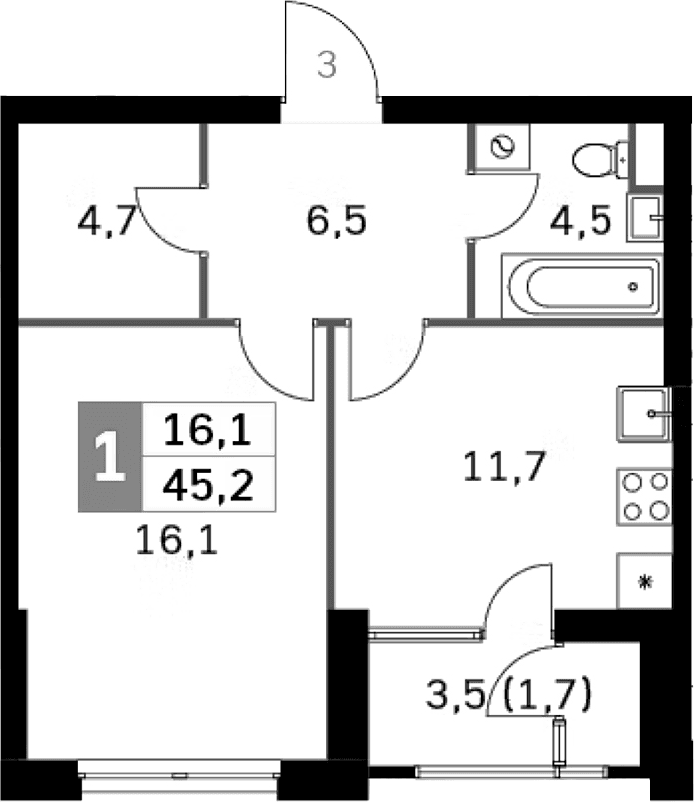 Планировка: 1-комнатная квартира 41,4 м² в ЖК «Скай Гарден»