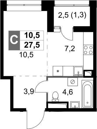 Планировка: Студия 26,2 м² в ЖК «Скай Гарден»