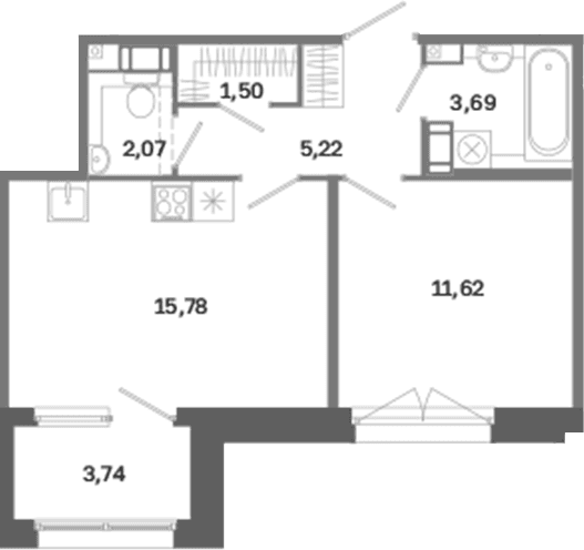 Планировка: Евродвушка 39,9 м² в ЖК «Дом на Курской»