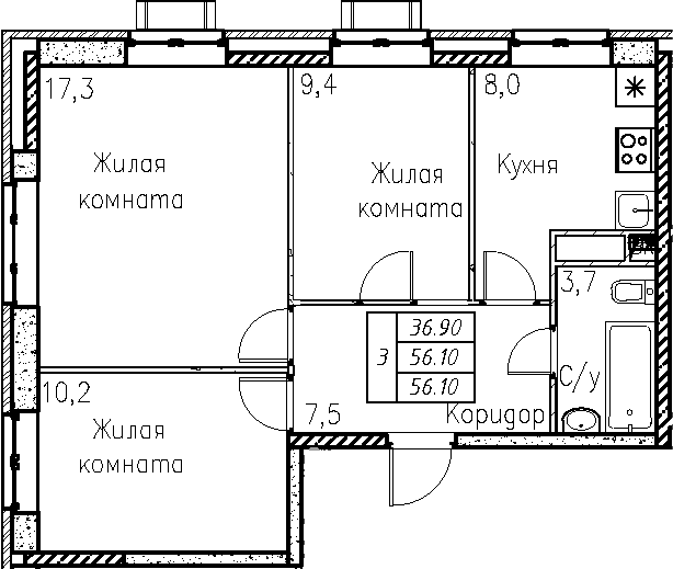 3-комнатная квартира