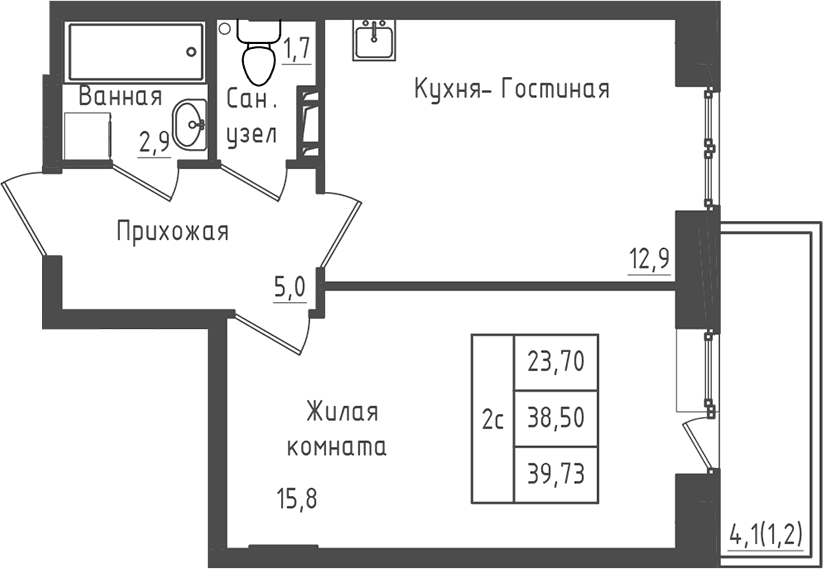 Планировка: 1-комнатная квартира 38,2 м² в ЖК «Зеленый город»